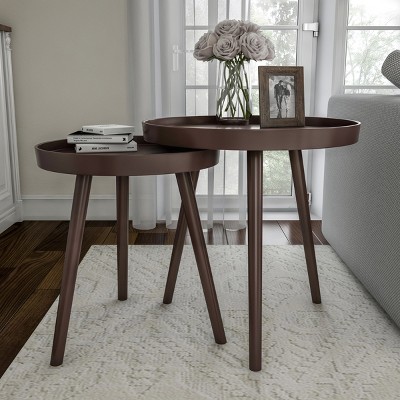 Hastings Home Set of 2 Round Nesting End Tables With Tray Top - Chocolate Brown