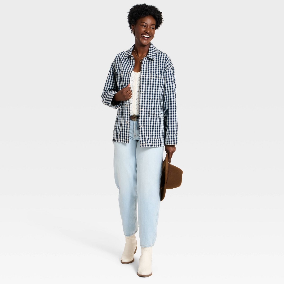 Женские куртки Universal Thread Women's Western Denim Chore Coat - Universal Thread™ Blue Gingham L — фото 3