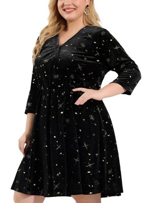 Agnes Orinda Women's Plus Size Velvet Lace Trim Short Sleeve Party A Line  Dresses Black 2X