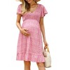 Women's Maternity Smocked Short Sleeve Summer Dress V Neck Boho Ruffle Casual Swing Midi Dress Baby Shower Photoshoot - 2 of 4