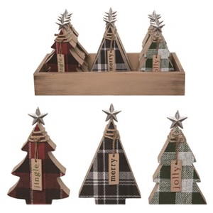 Transpac Wood 12.5 in. Multicolor Christmas Plaid Trees In Crate Set of 12 - 1 of 2