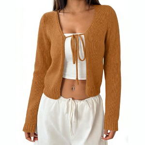 Women's Cropped Knit Cardigan Open Front Tied Short Sweater Cover Up - 1 of 4