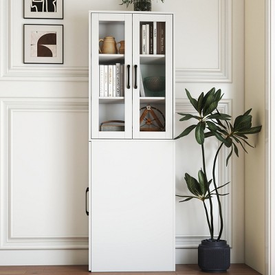 Modern Tall Display Cabinet with Pull-Out Shelf and Glass Doors, Organizer for Small Spaces in Kitchen or Office-3irtyhousy