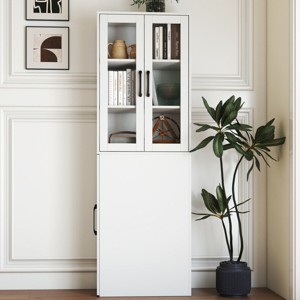 Modern Tall Display Cabinet with Pull-Out Shelf and Glass Doors, Organizer for Small Spaces in Kitchen or Office-3irtyhousy - 1 of 4