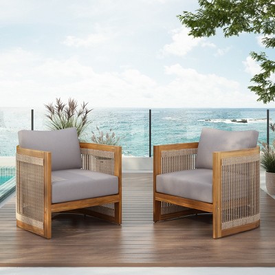 KTMBDW Outdoor Club Chairs, Acacia Wood Curved Accent Chair with Cushions and Woven Rope Accents for Garden, Patio Furniture