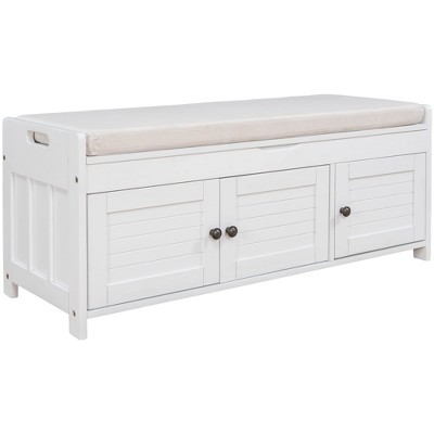 GustoWave Shoe Storage Bench with Removable Cushion and 3 Shutter-Shaped Doors, End of Bed & Entryway Bench, Flap Top Hidden Storage Space