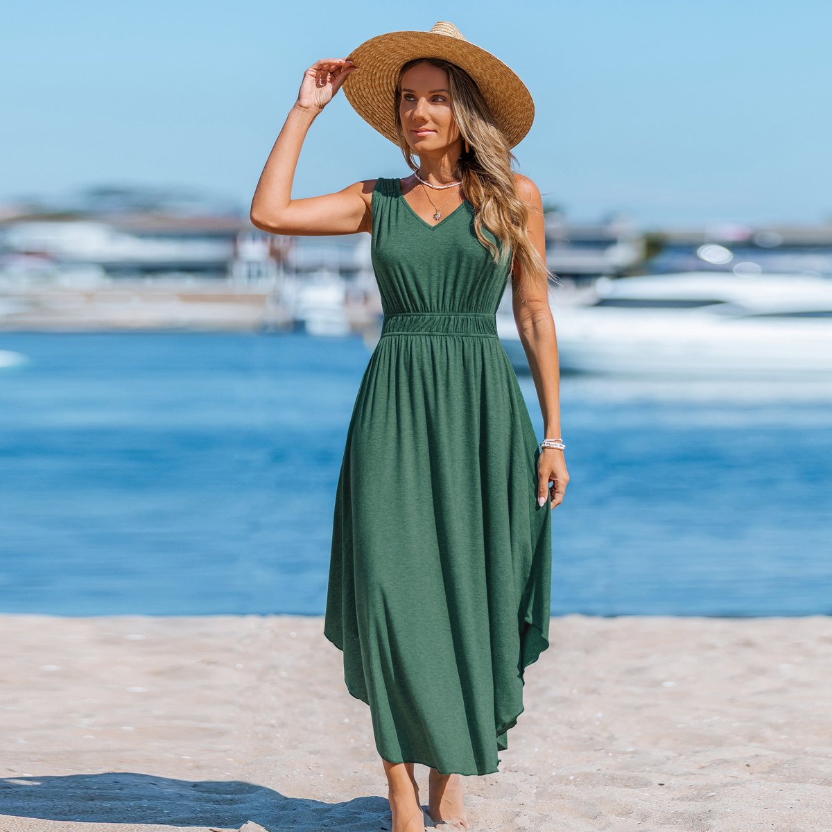 Женские платья Cupshe Women's Elegant Sleeveless Ruched Waist Beach Maxi Dress-S-Green — фото 2