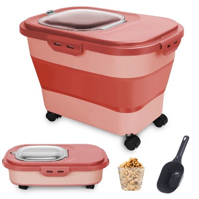 LunaLulinlk 20 lbs Dog Food Container with Spinning Wheels, 30 lbs Foldable Sealed Rice Bucket with Scoop and Measuring Cup (Pink)
