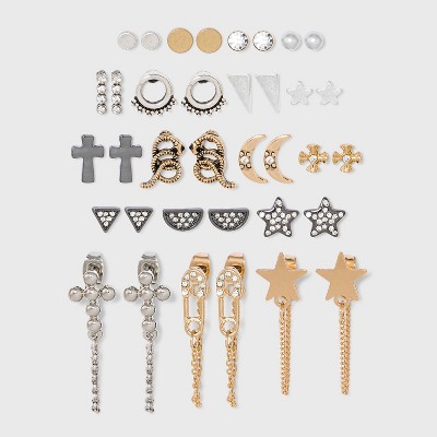 Cross and Star Chain Mini Hoops Multi Stud Earring Set 18pc - Wild Fable™