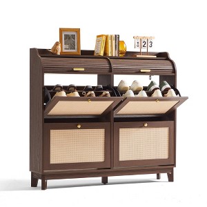 Farmhouse Rattan Shoe Cabinet with Flip Drawers and Tambour Sliding Storage - 1 of 4
