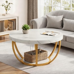 Gulches 2-Tier Round Coffee Table with Storage Shelf, 31.6" Wood Top & 18.3" Bottom Shelf, Sturdy Metal Legs, Multi-Functional - 1 of 4