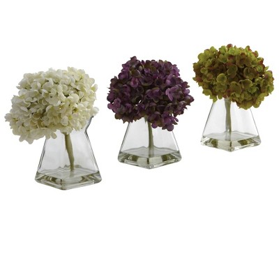 Set of 3 Artificial Hydrangea Plant in Glass Vase - Nearly Natural