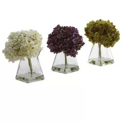 Set of 3 Artificial Hydrangea Plant in Glass Vase - Nearly Natural