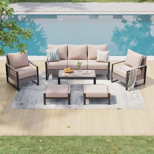 Sonkuki Outdoor Furniture Set Patio Conversation Sofa with Coffee Table Set, All-Weather PE Rattan Couch with Cushion - 1 of 4