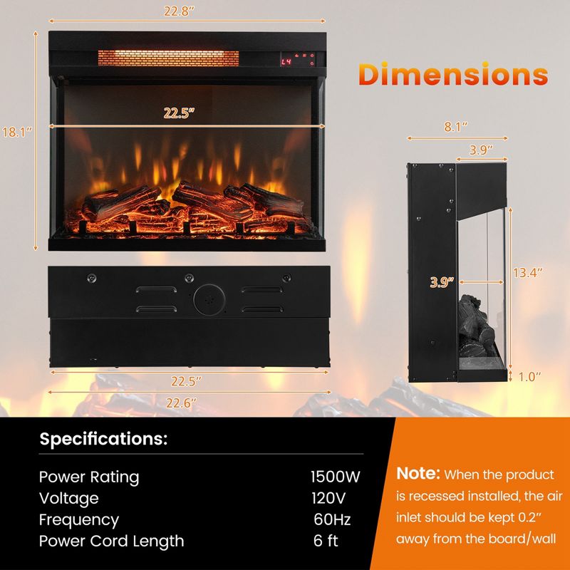 Costway 23'' 3-Sided Electric Fireplace Insert Heater 1500W with Thermostat & Remote Control, 3 of 11