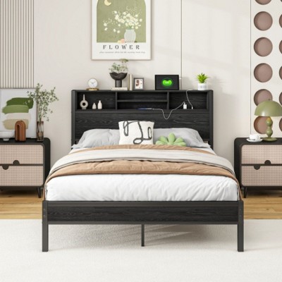 Full Size Metal Bed Frame: Storage Headboard, Charging Station, Bookcase, No Box Spring, Quiet, Black, Simple Assembly