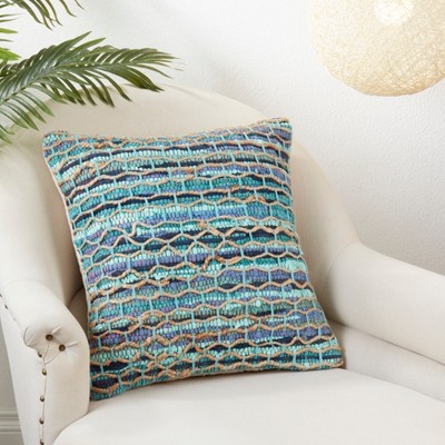 Handwoven Blue and Beige Cotton Jute Pillow Cover 20"