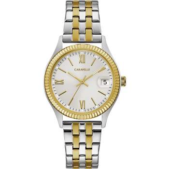 Caravelle designed by Bulova Ladies' Classic Coin Edge Sport 3-Hand Date Quartz Two Tone Gold Stainless Steel Watch, 32mm