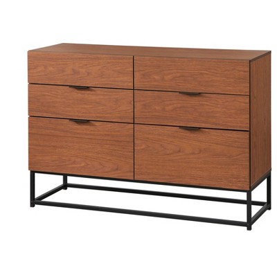 Noble 6 Drawers Dresser Walnut - Buylateral: Sturdy Particleboard, Black Metal Legs, Bedroom Storage