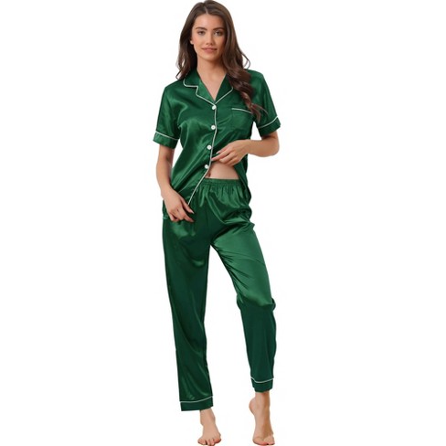 cheibear Womens Nightwear with Pants Lounge Satin Sleepwear Soft Button  Down Pajama Set