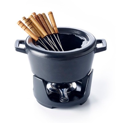 Alva Cookware Nori Cast Iron Fondue Set, Enameled, with 8 Forks, Food Warmers, Cheese Melts, Hot Chocolate Maker, Non Toxic - 2 Qt, 8"