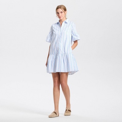 Женские платья Universal Thread Women's Elbow Sleeve Poplin Mini Shirtdress - Universal Thread™ White/Blue Striped XS — фото 3