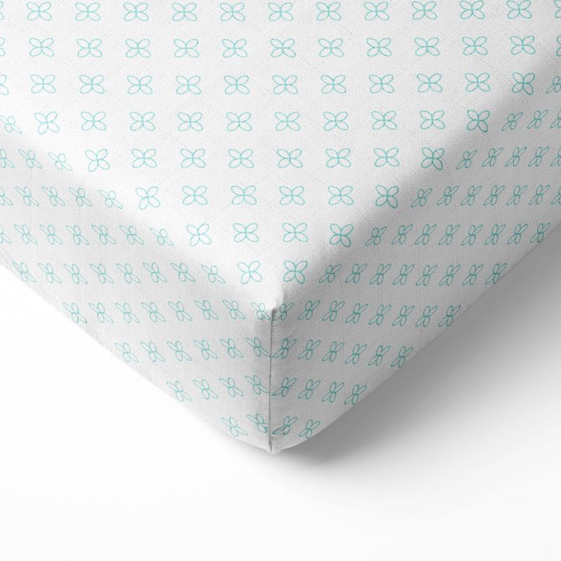 Bacati - Floral Petals Aqua Muslin 100 percent Cotton Universal Baby US Standard Crib or Toddler Bed Fitted Sheet, 1 of 6