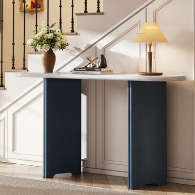 KIGFTSOD Narrow Console Table - Oval Faux Marble Top, Rustic Style with Curved Legs, Hallway & Entryway Accent Table for Living Room