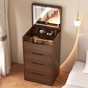 Gulches Walnut 3-in-1 Vanity Desk with Flip Top Mirror Compact Makeup Vanity Set with Glass Desktop and 3 Drawers for Bedroom - 1 of 4