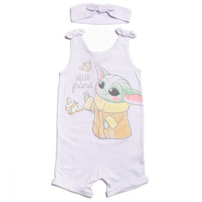 Image of Star Wars The Mandalorian Baby Yoda Infant Baby Girls Sleeveless Romper & Headband Purple 12 Months