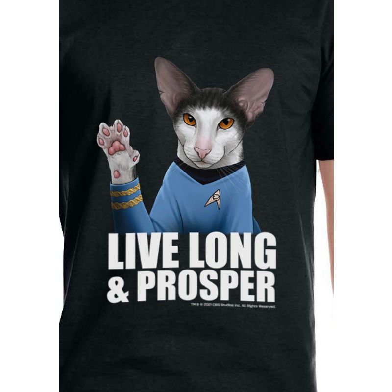 Star Trek Mens' Spock Cat Live Long And Prosper Crewneck T-Shirt Black, 3 of 4