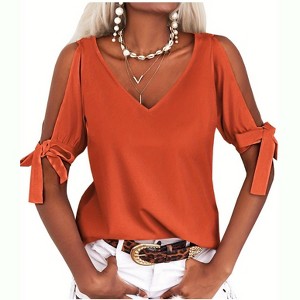 Imily Bela Women Summer V Neck Cold Shoulder Tops Loose Casual Tee Chic Cutout Blouse - 1 of 4