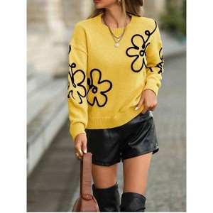Women's Floral Jacquard Sweater - Fashion Round Neck Long Sleeve Knit Top for Casual Wear - 1 of 3