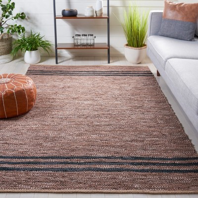 Vintage Brown and Black Handmade Leather and Cotton Rug, 8' x 10'