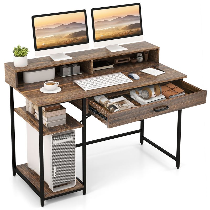 Costway 48”Computer Desk with Monitor Stand Home Office Writing Desk with Storage Drawer and 2 Open Shelves Rustic Brown, 1 of 11