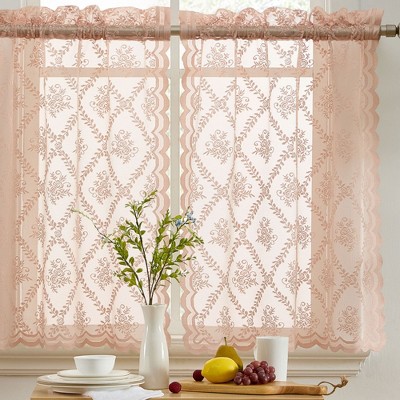 HLC.ME Isabella Floral Rod Pocket Lace Semi Sheer Voile Short Cafe Tiers for Small Windows