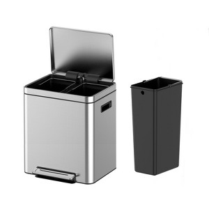 Stainless Steel Trash Can, Double Sorting Bin with Soft Close Lids, Removable Inner Bucket and Foot Pedal, for Kitchen, Office - 1 of 4