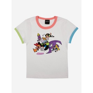 Powerpuff Girls Battle Crew Neck Short Sleeve White Adult Ringer Baby Tee - 1 of 3