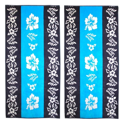 Hibiscus Floral Oversized Blue and Navy Cotton Beach Towel
