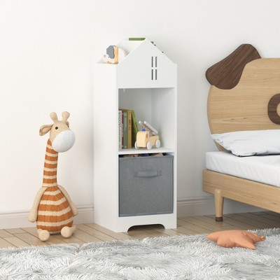 INFURNIC Decorative Bookshelf Kids Dollhouse Bookcase With Storage, 2-Tier Storage Display Organizer, With Fabric Drawers, White, 12.3"*11.8"*35.8"