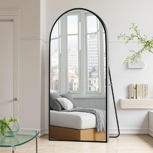 Black Full-Length Right-Angled Arched Mirror with Thin Edge in Aluminum Alloy, 180x96x1.5cm (With Bracket) - 1 of 4