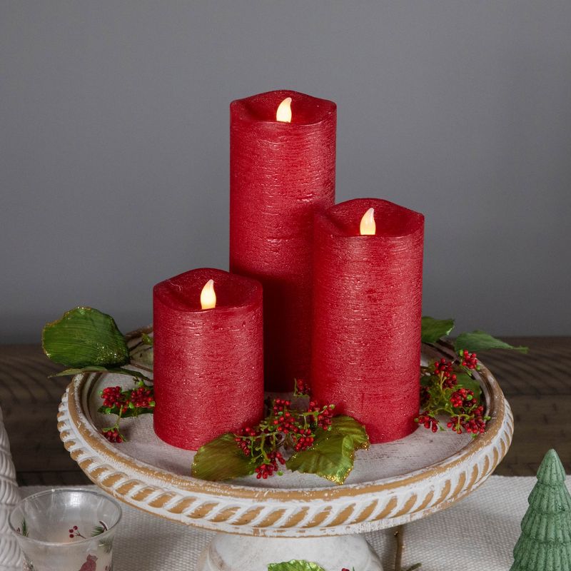 Northlight Set of 3 Brushed Red Flickering Flameless LED Wax Pillar Candles 8", 3 of 7