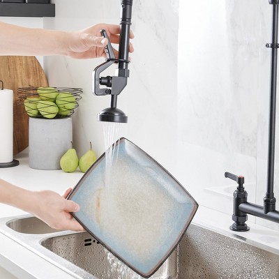 BWE Commercial Restaurant Pull-Down Dual Handle Countertop Flush Spray Utility Kitchen Faucet 8 Inch