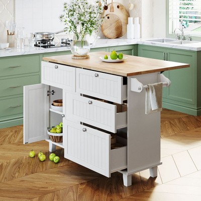 Kitchen Island Set With 2 Stools, 3 Piece Dining Table Set with Drop Leaf, Storage Cabinet, Dining Table Set of 2 for Dining Room Kitchen
