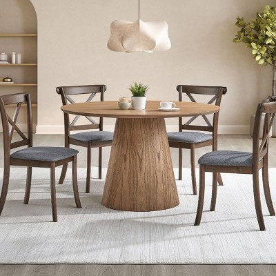 5 PCS Dining Set, 4 Upholstered Chairs and 1 Round MDF Dining Table, Space-Saving Design for Dining Room, Rubber Wood Frame Chairs-Coolbibila