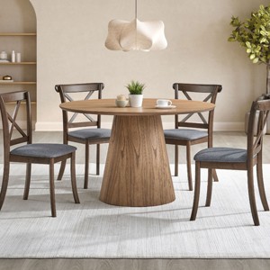 5 PCS Dining Set, 4 Upholstered Chairs and 1 Round MDF Dining Table, Space-Saving Design for Dining Room, Rubber Wood Frame Chairs-Coolbibila - 1 of 4