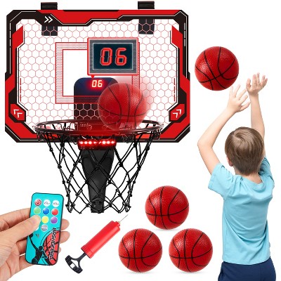 Joyfy Light Up Indoor Basketball Hoop for Kids Age 3+ , Mini Door Room Basketball Hoop with Scoreboard & 4 Balls, Basketball Toys Gifts for Boys (Red)