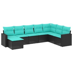 vidaXL 8 Piece Patio Sofa Set with Cushions Black Poly Rattan - Black and Blue Without Table - 1 of 4