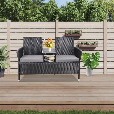 Outdoor Patio 2 Seat Rattan Woven Loveseat and Built-in Glass Coffee Table,Cushion Garden Balcony Couple Bench Chair-Coolbibila