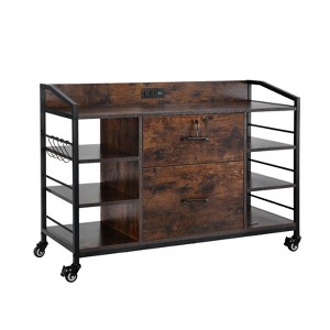 VEVOR 2 Drawers Metal File Cabinet, Lateral Filing Cabinet with Lock and 6 Open Shelves, Wooden Wide Filing Storage Cabinets, Brown - 1 of 4